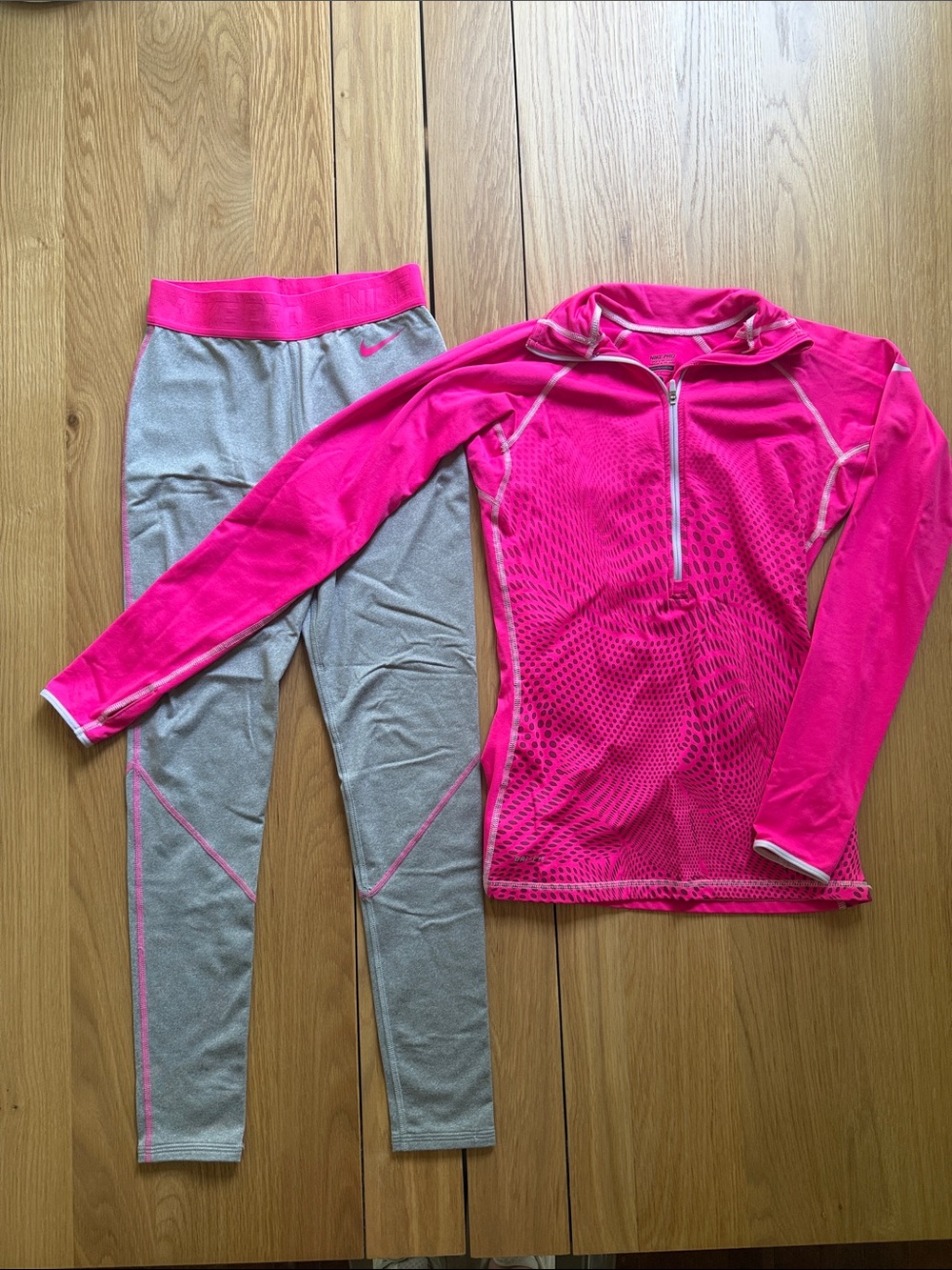 Nike Pro Dri-FIT Hyperwarm Pink Half-Zip Top & Gray Leggings Set